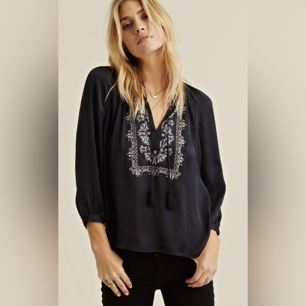 Lucky Brand Black Embroidered V-Neck Peasant Blouse